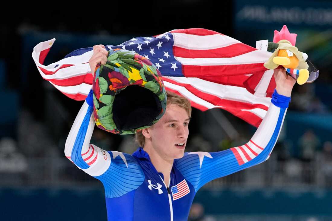Gold medallist Jordan Stolz of the U.S. celebrates after the men's 1,000 meters speedskating race at the 2026 Winter Olympics, in Milan, Italy, Wednesday, Feb. 11, 2026.