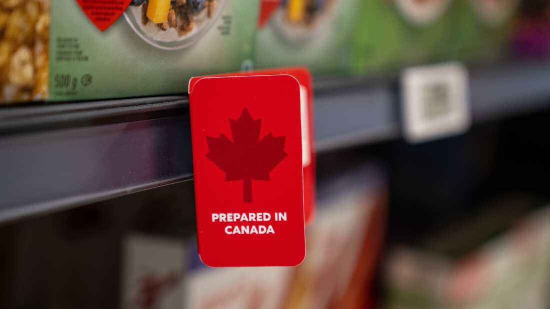 A "Prepared in Canada" tag in a grocery aisle at the Real Canadian Superstore on March 3, 2025 in Toronto, Canada.