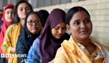 Women stand in a queue to vote outside a polling station during the national election in Dhaka, Bangladesh, February 12, 2026. REUTERS/Fatima Tuj Johora