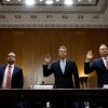 From left, Director of USCIS Joseph Edlow, Customs and Border Protection Commissioner Rodney Scott and Acting Director of Immigration and Customs Enforcement Todd Lyons are sworn in Thursday to testify during a hearing on oversight of the Department of Homeland Security