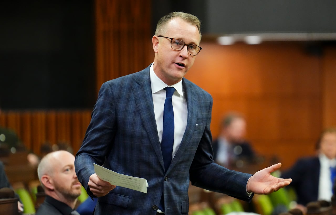 Conservative MP Chris Warkentin asks a question during question period in the House of Commons on Parliament Hill in Ottawa on Friday, Oct. 3, 2025.