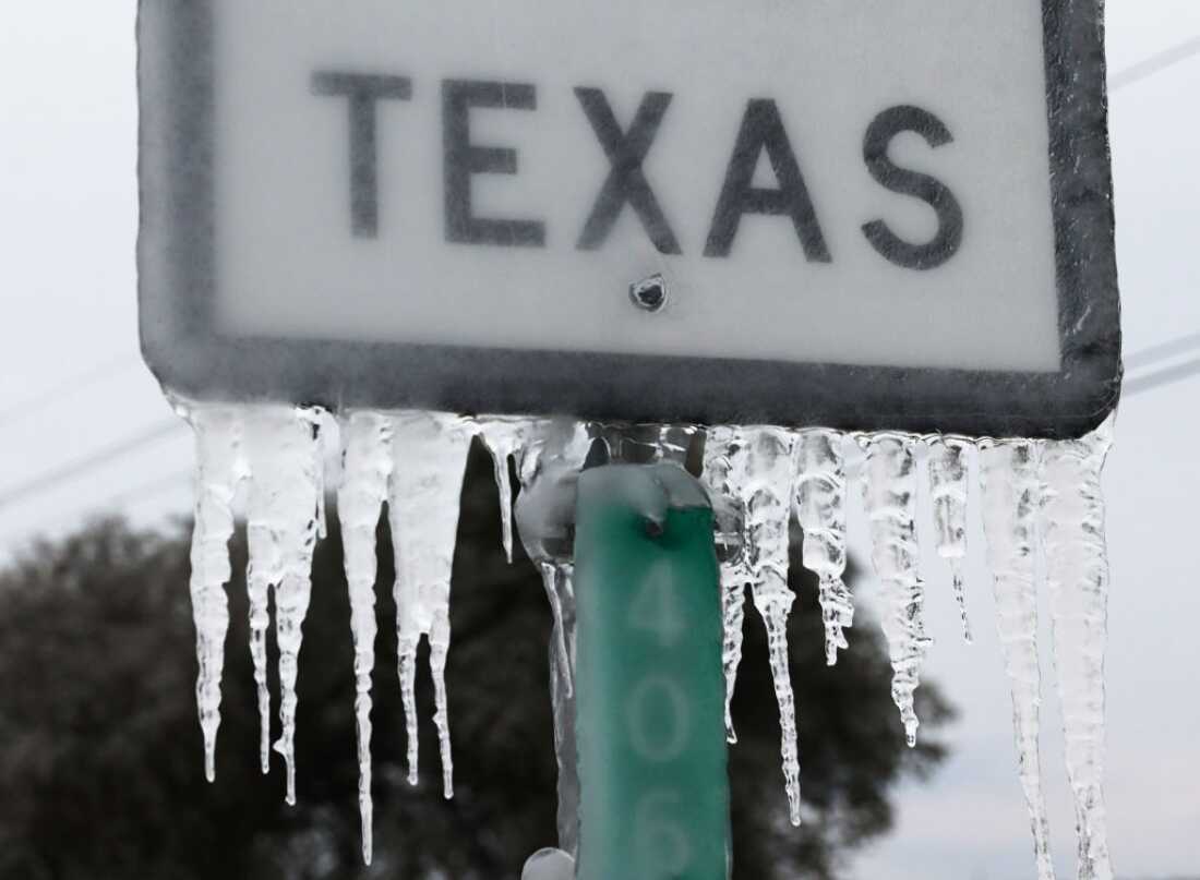 Icicles hang off a State Highway 195 sign on February 18, 2021 in Killeen, Texas. Winter storm Uri brought historic cold weather and power outages to Texas.