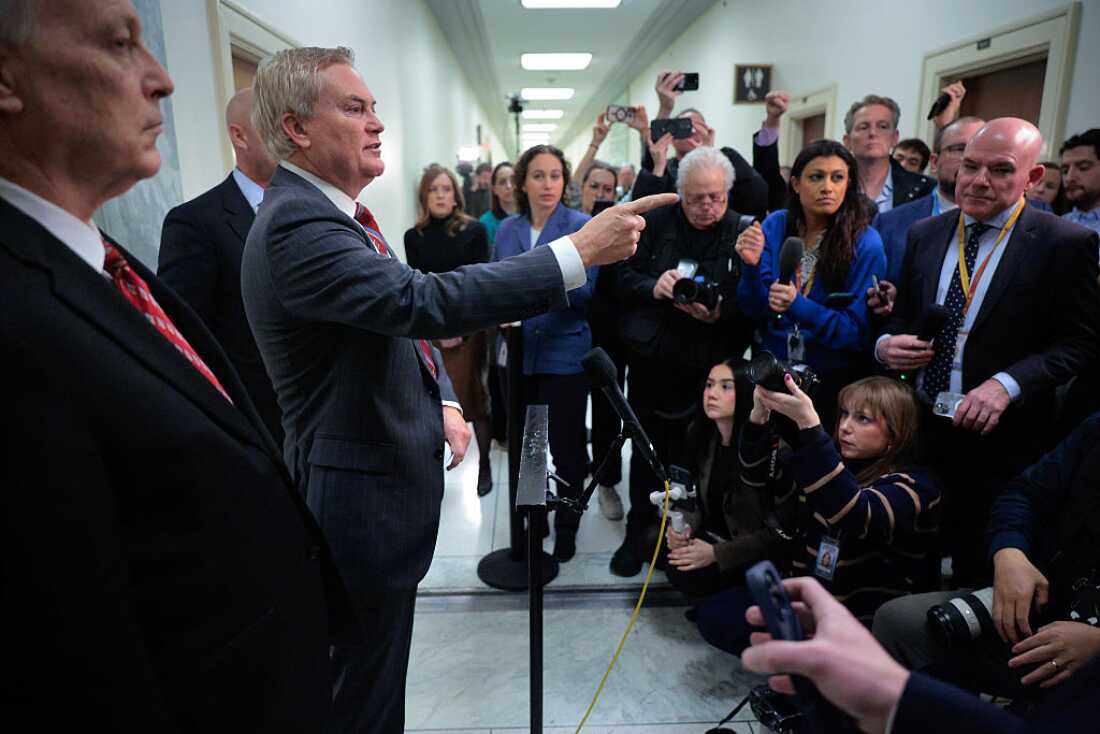 House Oversight Committee Chairman James Comer, R-Ky., and other Republican members of the committee talk to reporters following a closed-door, remote deposition from convicted child sex offender Ghislaine Maxwell on Capitol Hill on Monday.