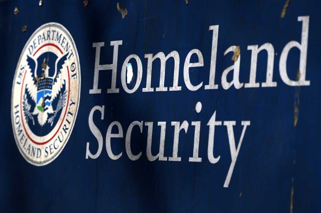 The Department of Homeland Security's sign is seen outside its headquarters on February 13, 2026 in Washington, D.C.