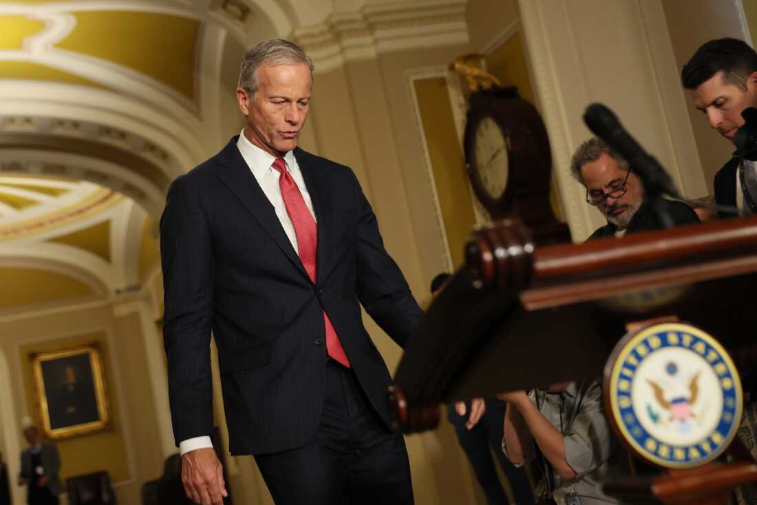 Senate Majority Leader John Thune, R-S.D., arrives for a press conference on February 10, 2026 on Capitol Hill.