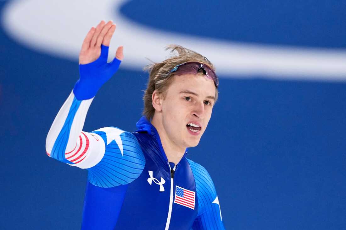 Jordan Stolz of the U.S. celebrates after competing in the men's 500 meters speedskating race at the 2026 Winter Olympics, in Milan, Italy on Saturday.