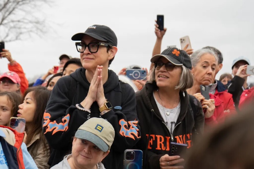Hundreds gather as the Fort Worth monks step off their bus at Eastover Park on Feb. 14.