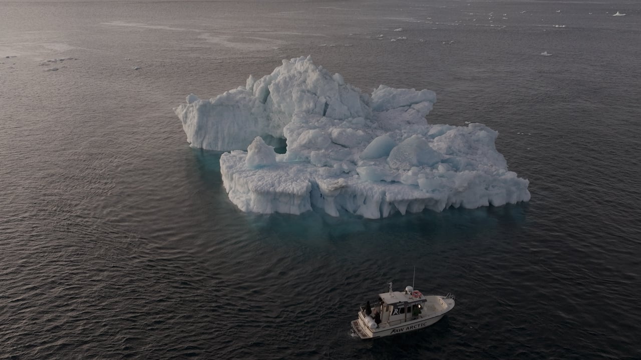A tour boat from Raw Arctic stops near a large iceberg in the fjord near Nuuk,  Greenland.