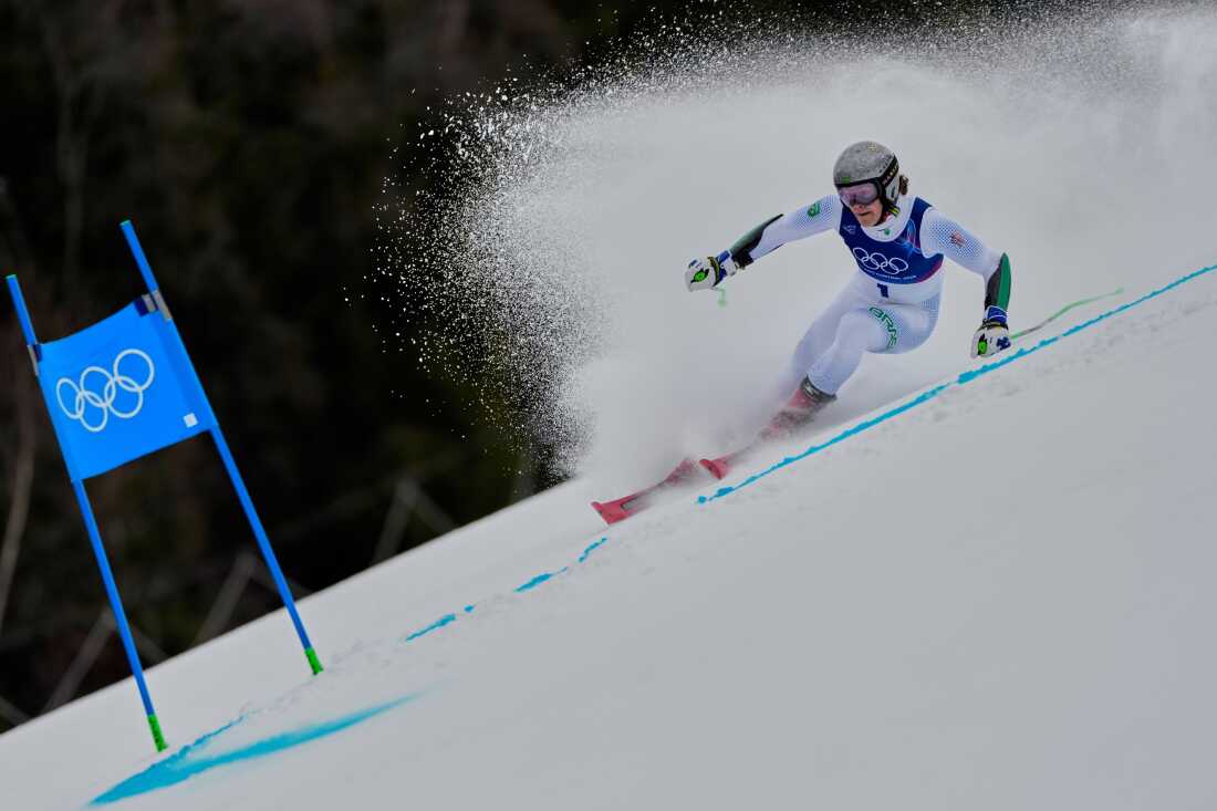 Brazil's Lucas Pinheiro Braathen speeds down the course, during an alpine ski, men's giant slalom race, at the 2026 Winter Olympics, in Bormio, Italy, Saturday, Feb. 14, 2026.