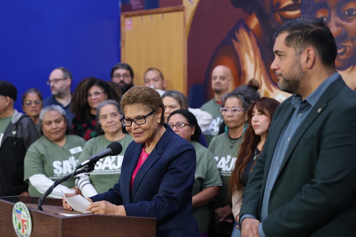 Mayor Karen Bass speaks at an event