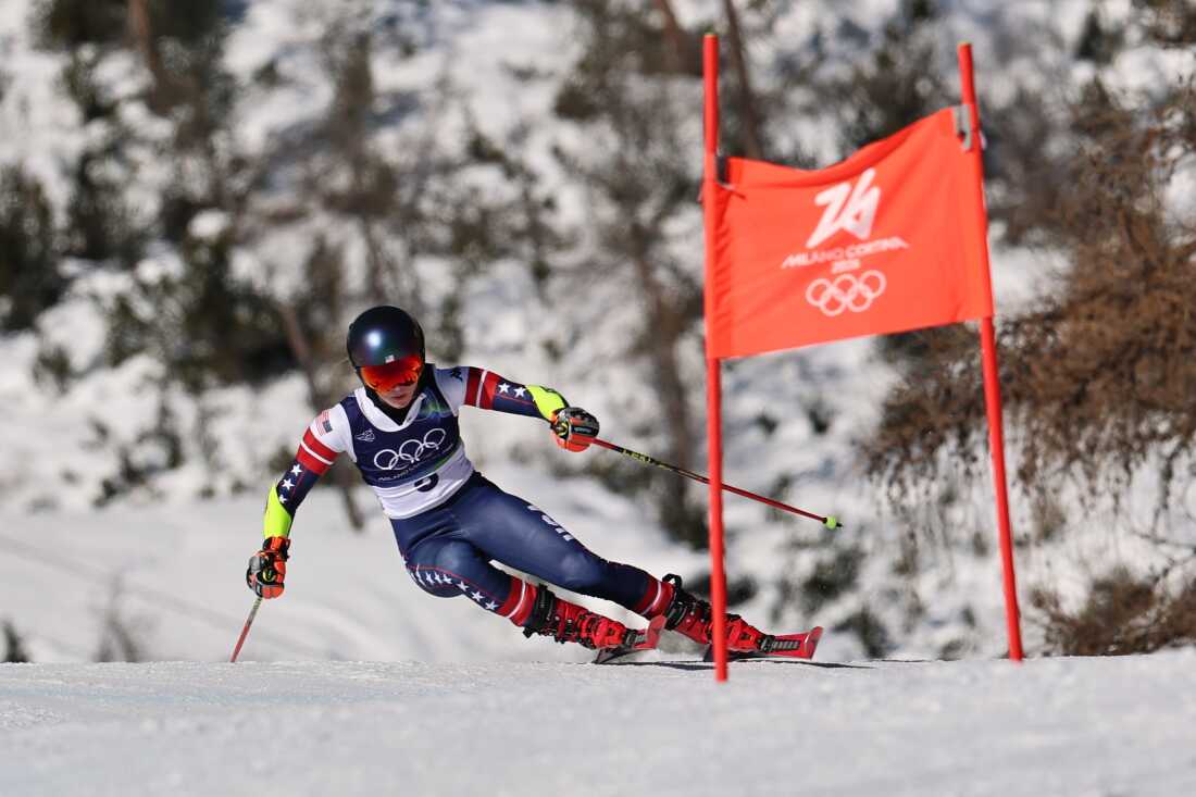 United States' Mikaela Shiffrin speeds down the course, during an alpine ski, women's giant slalom race, at the 2026 Winter Olympics, in Cortina d'Ampezzo, Italy, Sunday, Feb. 15, 2026.