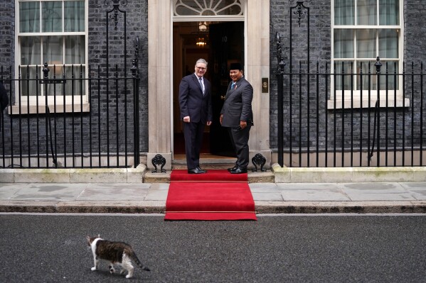 Britain's Prime Minister Keir Starmer welcomes President Prabowo Subianto of Indonesia to 10 Downing Street as they watch Larry the cat, Chief Mouser to the Cabinet Office, crossing the street in London, Tuesday, Jan. 20, 2026. (AP Photo/Alberto Pezzali, File)