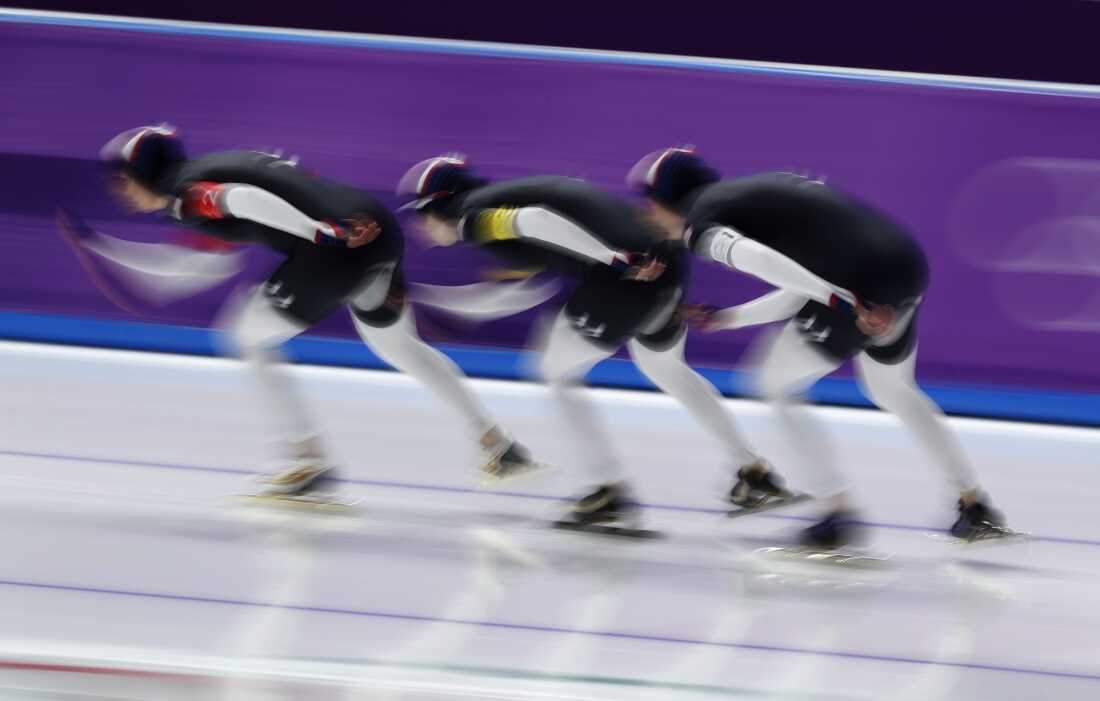 Team U.S.A. with Heather Bergsma, right, Brittany Bowe, left, and Mia Manganello, center, competes during the quarterfinals of the women's team pursuit speedskating race at the Gangneung Oval at the 2018 Winter Olympics in Gangneung, South Korea, Monday, Feb. 19, 2018.