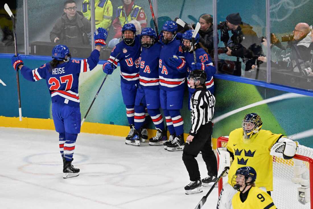 Team USA forward Taylor Heise, #27, celebrates scoring her team's second goal during Monday's Olympic semifinal match against Sweden. After a 5-0 win, the U.S. now advances to play in Thursday's gold medal match. 
