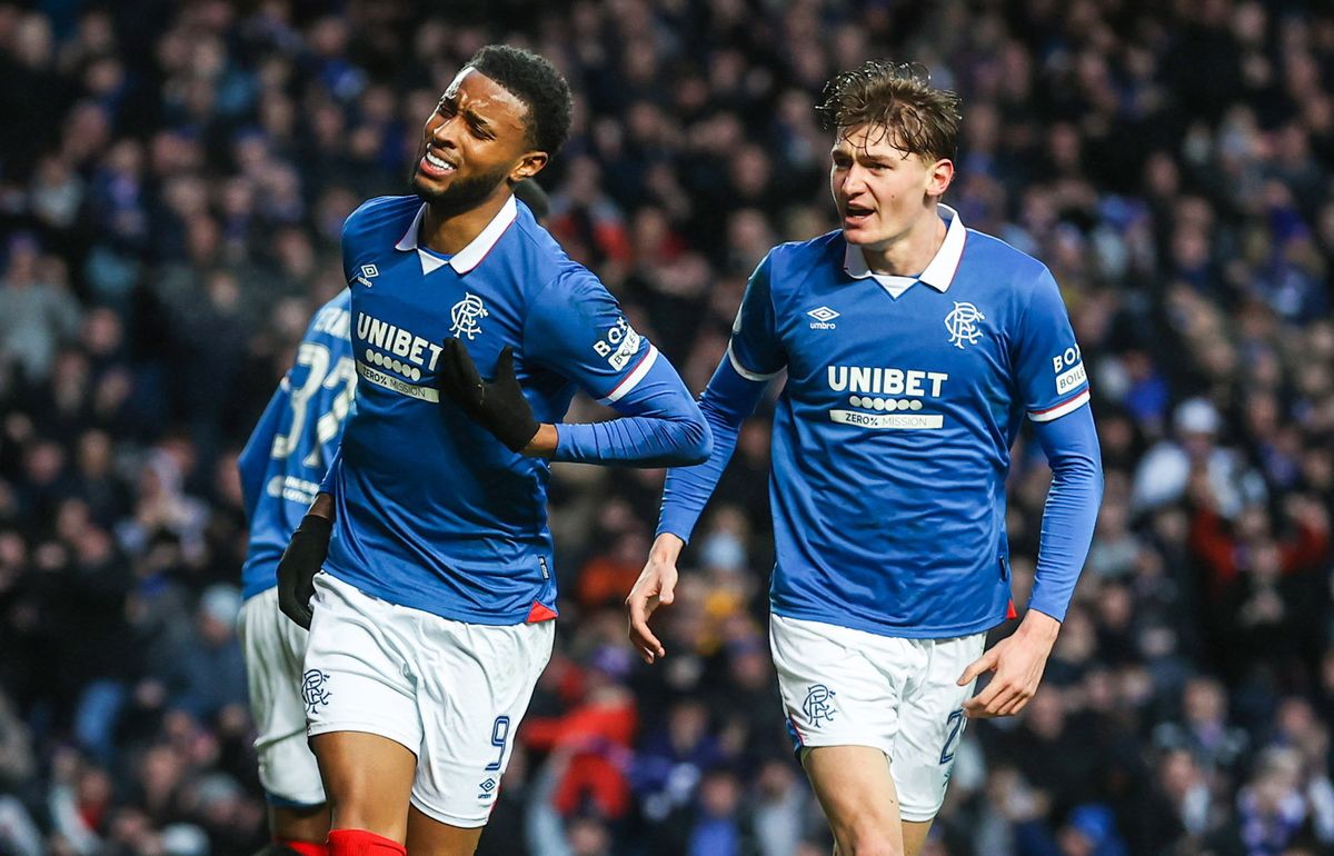 Rangers' Youssef Chermiti (L) celebrates scoring to make it 2-2 with Ryan Naderi