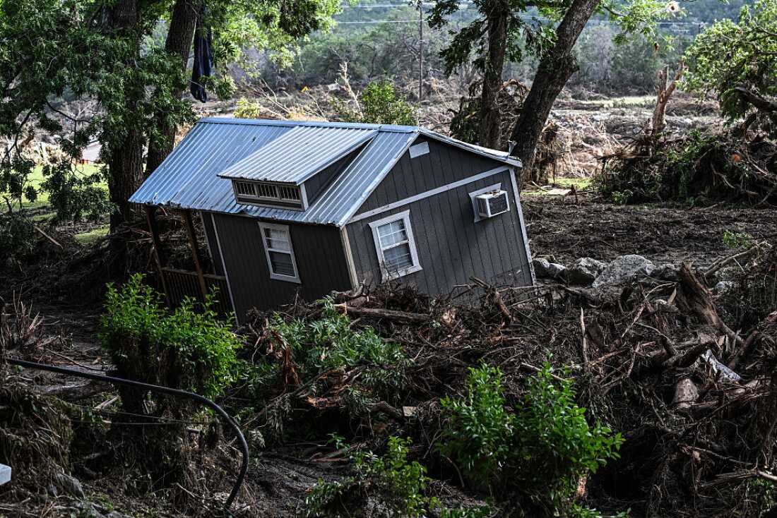 A damaged house near the Guadalupe River in Hunt, Texas, after deadly flash floods hit the area in July 2025.