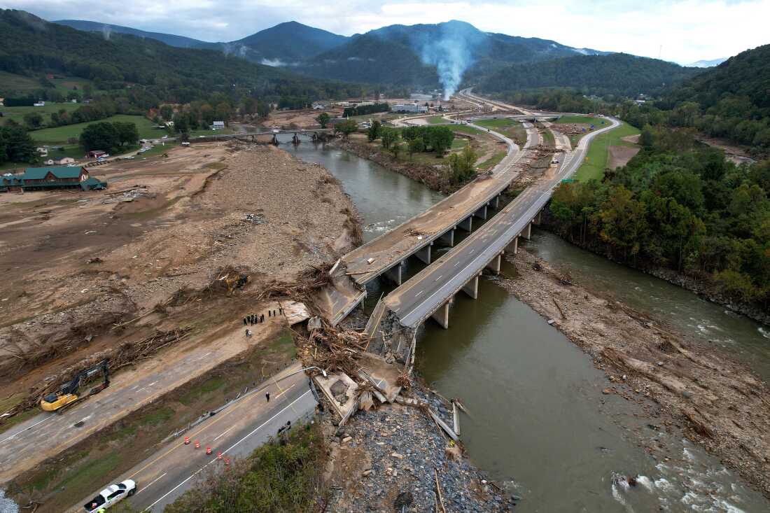 A bridge that was destroyed by flooding associated with Hurricane Helene in 2024, in Erwin, Tenn.