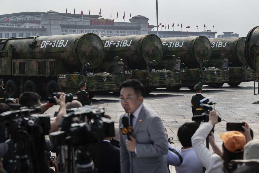Nuclear capable DF-31BJ ballistic missiles are seen as they are unveiled on transporters during a military parade in Beijing, China on September 3, 2025. China is undergoing a massive expansion of its nuclear arsenal.