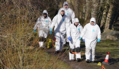Forensic officers at the scene of the alleged murder in February 2024. Pic: PA