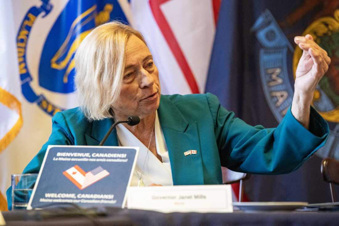 Seated behind a microphone, Maine Gov. Janet Mills speaks during a moderated discussion among Northeast governors and Canadian premiers on the impacts of President Trump's tariffs, in Boston on June 16, 2025.