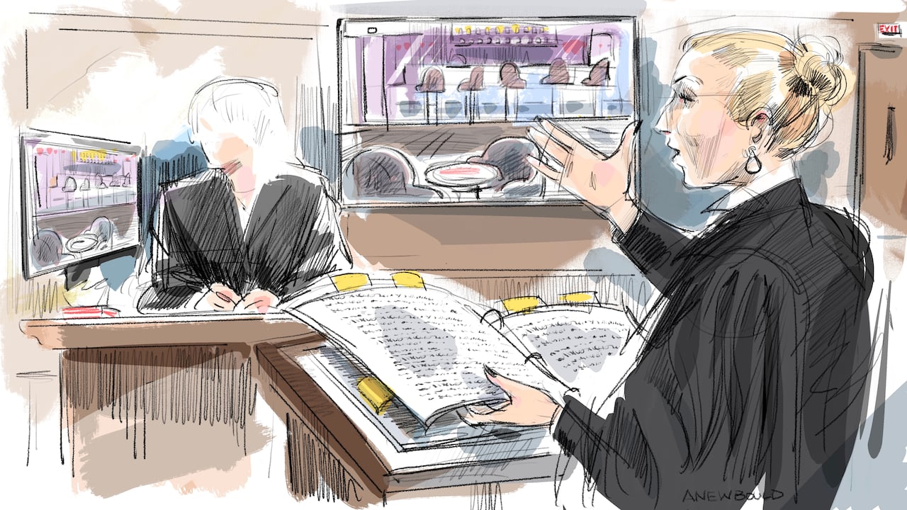 Stronach's lawyer Leora Shemesh cross examines the second of seven complainants in a Toronto courtroom.