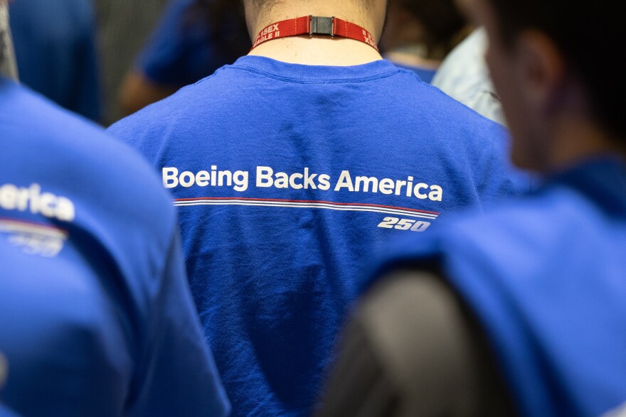 Hundreds of Boeing employees gathered to hear Secretary of War Pete Hegseth speak at the Boeing plant in Berkeley, Missouri on Feb. 18, 2026.