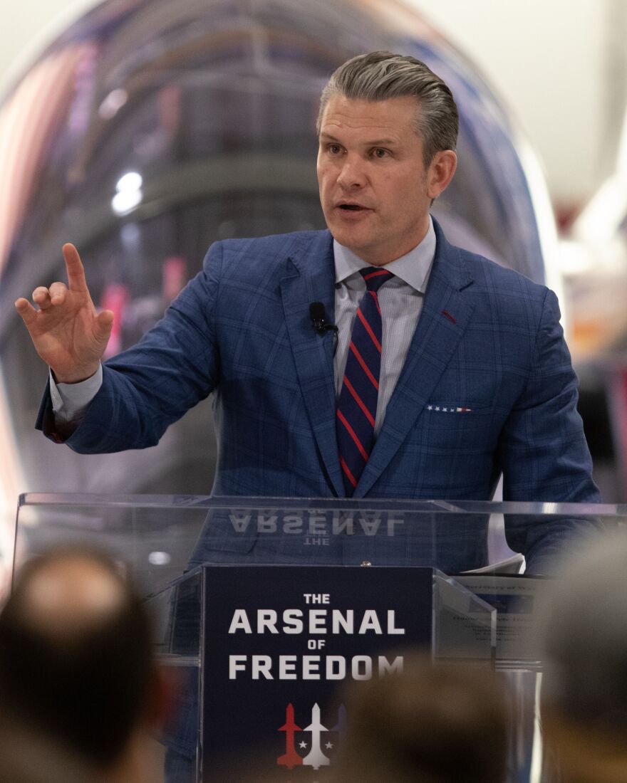 U.S. Secretary of War Pete Hegseth speaks to a crowd of Boeing employees at the Boeing headquarters in Berkeley, MO on Feb. 18, 2026. On top of other points, Hegseth pointed out the necessity to develop technology at a faster rate than previously seen and praised the company’s recent decision to move its headquarters to St. Louis.