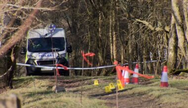 Police at the scene of the alleged murder in 2024. Pic: Sky News