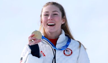 Gold medalist Mikaela Shiffrin of Team United States celebrates on the podium during the medal ceremony following the Women's Slalom Run on day twelve of the Milano Cortina 2026 Winter Olympics at Tofane Alpine Skiing Centre on February 18, 2026 in Cortina d'Ampezzo, Italy.