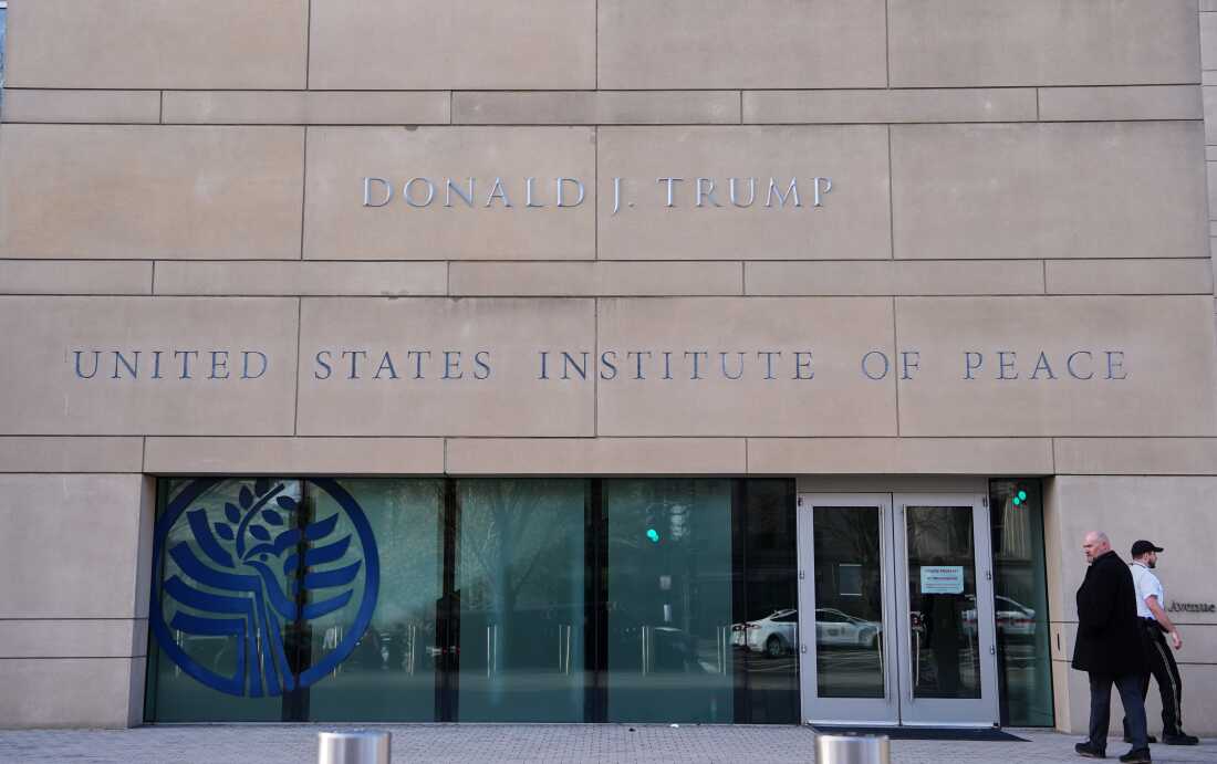 President Donald Trump's name is seen on the U.S. Institute of Peace building, Dec. 4, 2025, in Washington.