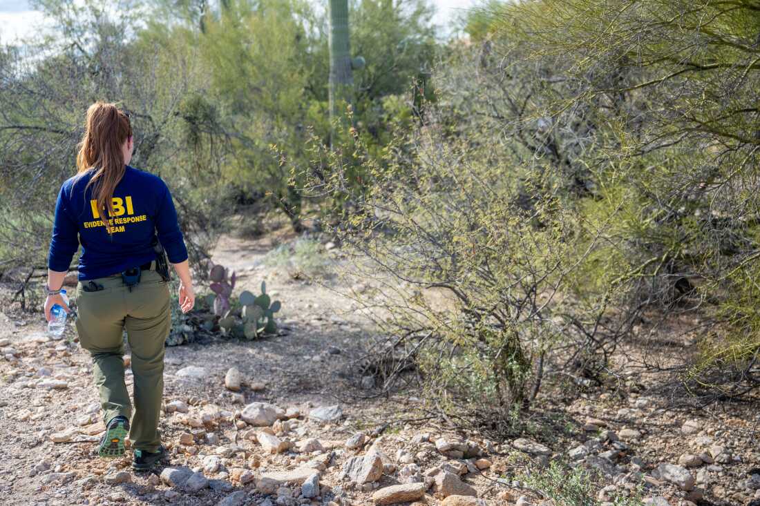 A member of the FBI's Evidence Response Ream searches an area around Nancy Guthrie's residence in Tucson, Arizona, on February 11.