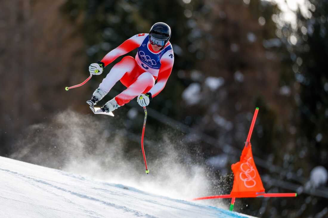 Franjo Von Allmen of Switzerland in action during the Men's Downhill on Feb. 7, 2026.