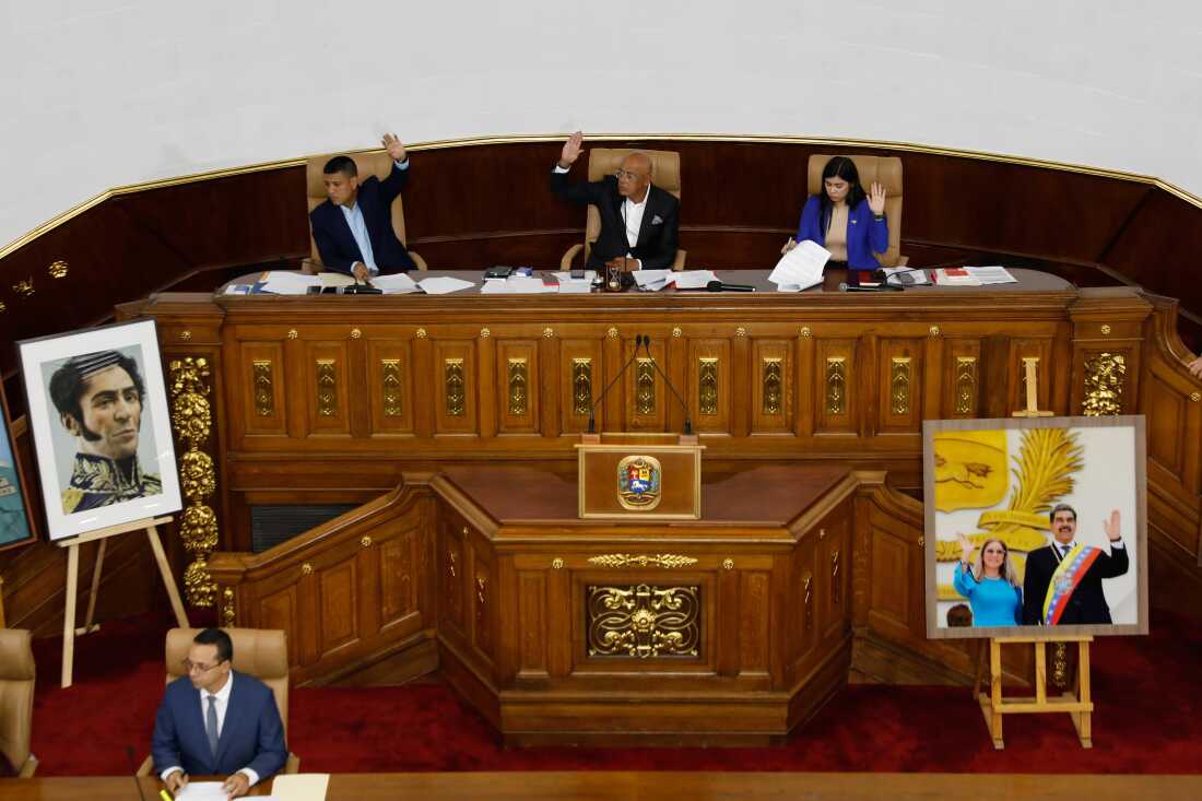 National Assembly President Jorge Rodriguez, center, presides over a session debating an amnesty bill in Caracas, Venezuela, Thursday, Feb. 19, 2026.