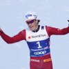 Johannes Hoesflot Klaebo, of Norway, crosses the finish line to win the gold medal in the cross-country men's mass start 50 Km at the Nordic World Ski Championships in Trondheim, Norway, Saturday, March 8, 2025.