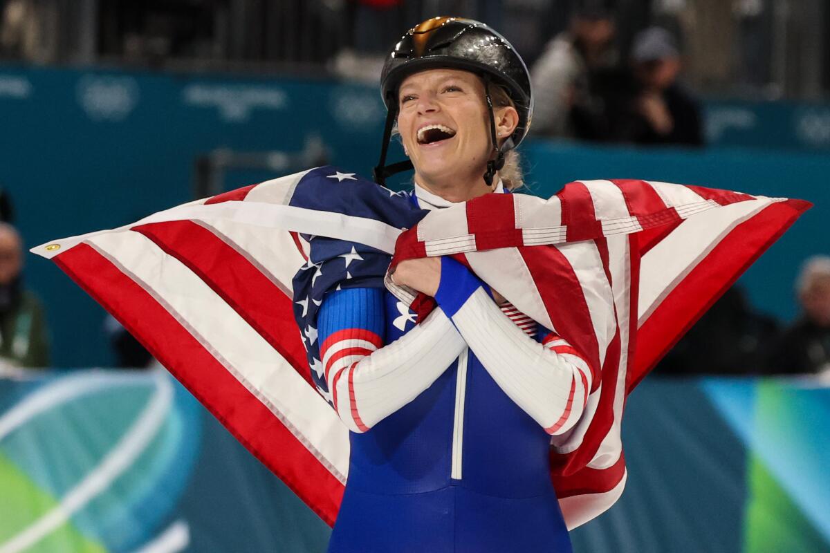 U.S. speedskater Mia Manganello celebrates after earning bronze in the women's mass start Saturday.