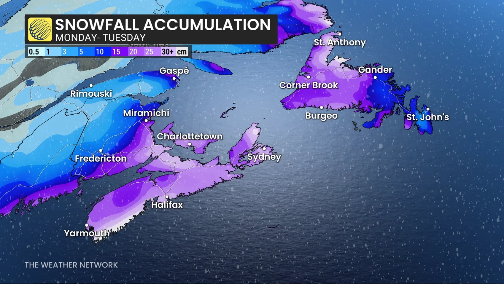 Atlantic Canada snowfall projections Monday to Tuesday