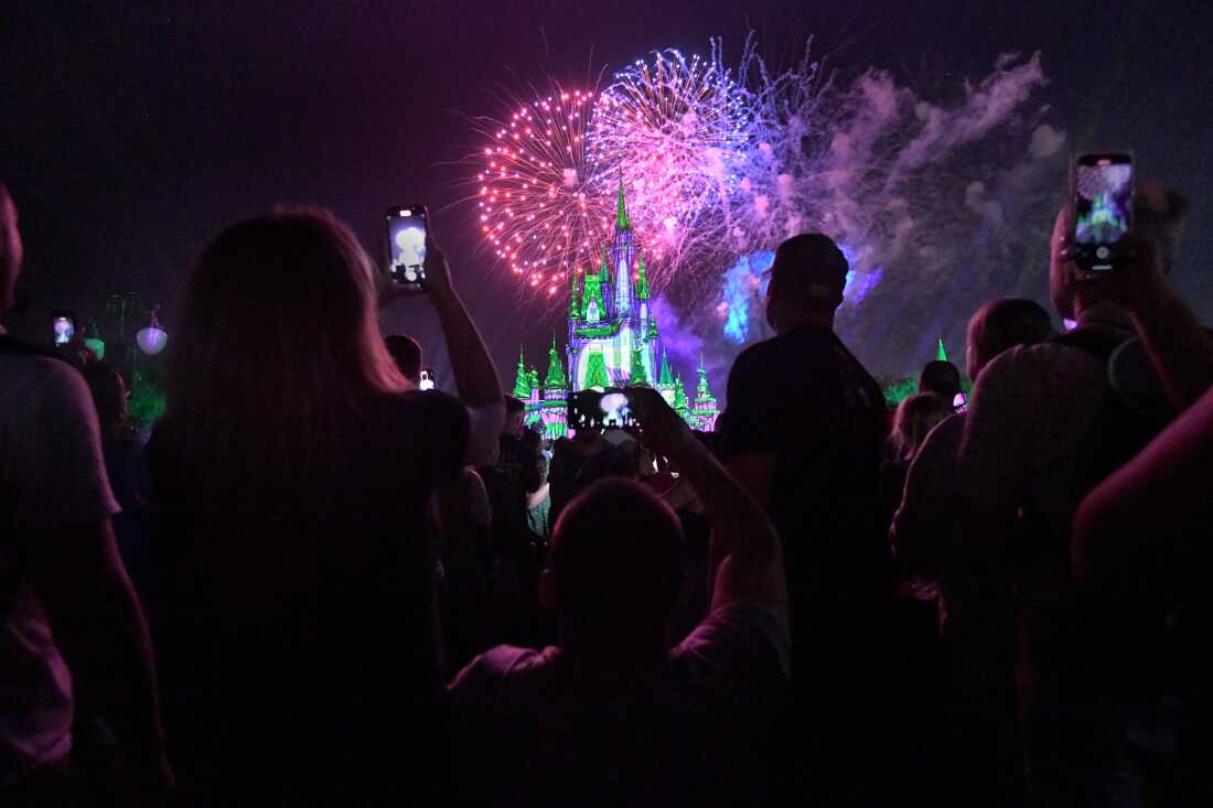 Sgt. Misha Varvarych, a Ukrainian war amputee, watches fireworks during a visit to DisneyWorld with his fiance Ira Botvynska and other soldiers