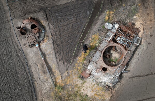 A man plants sunflowers in his garden between a damaged Russian tank and its turret in the village of Velyka Dymerka, Kyiv region, Ukraine, Wednesday, May 17, 2023. (AP Photo/Efrem Lukatsky, File)