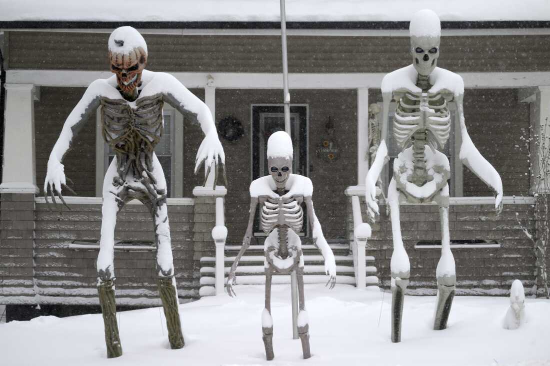 A trio of yard decorations in Willington, Conn. are coated with snow on Feb. 23, during a nor'easter that pounded the state with up to two feet of snow in some areas.