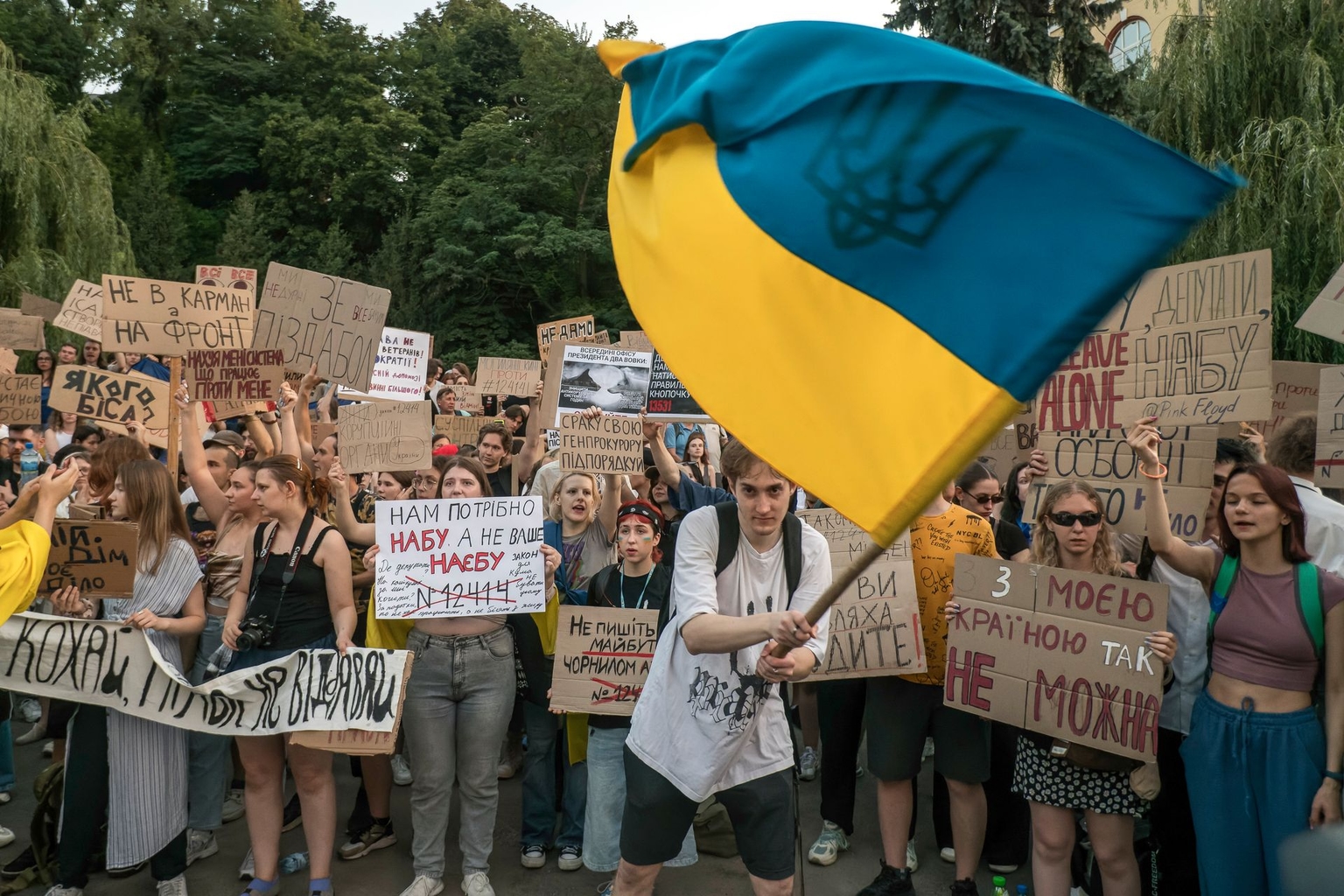 Ukrainians take part in a third consecutive day of protests near the Presidential Office in Kyiv, Ukraine, on July 24, 2025.