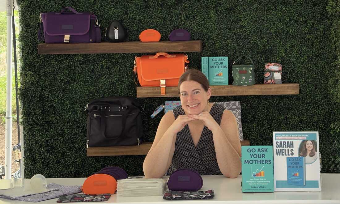 Sarah Wells sells totes and backpacks for breast pumps, plus other products for new parents. She manufactures overseas for her Virginia-based company, Sarah Wells Bags.