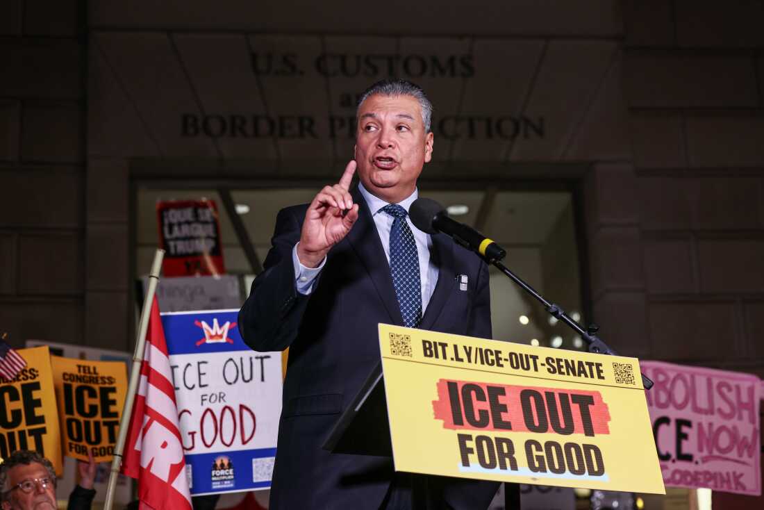 Sen. Alex Padilla, D-Calif., is seen here speaking during the ICE Out for Good Protest at the U.S. Customs and Border Protection Office on January 13, 2026 in Washington, D.C.