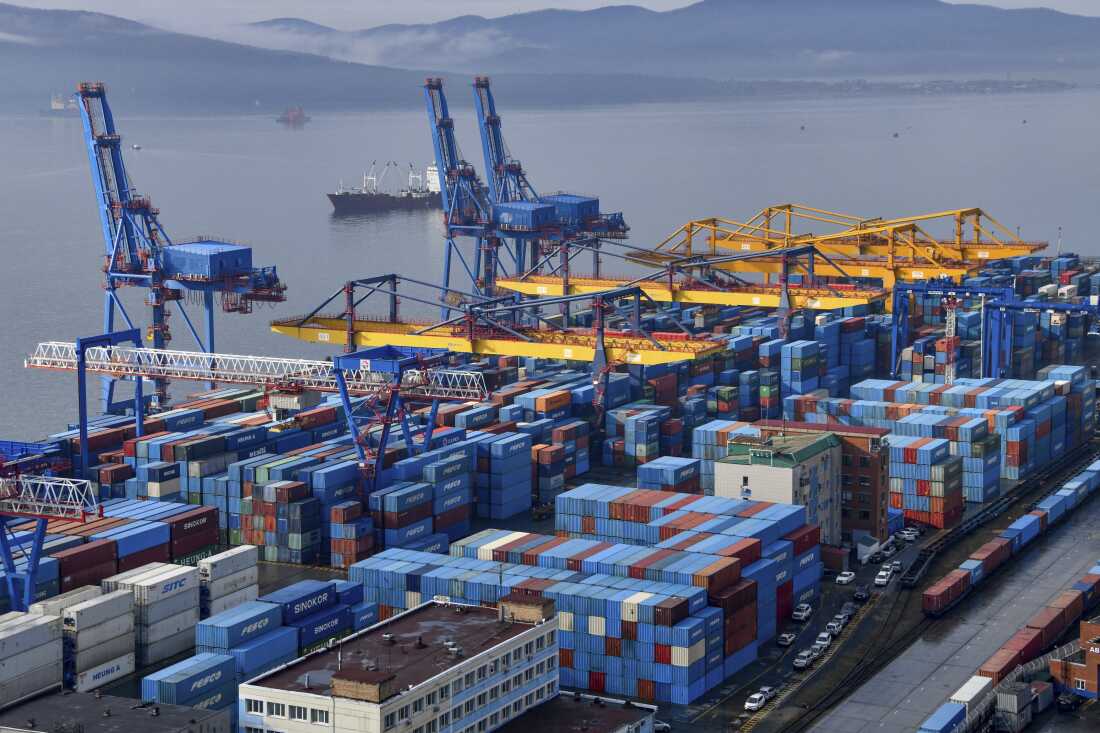 The container terminal at the Vladivostok Commercial Sea Port in the Pacific city of Vladivostok, in eastern Russia, on April 7, 2025.