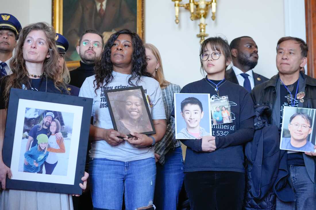 Family members of the people who were killed in the midair collision near Ronald Reagan Washington National Airport listen during a news conference ahead of a vote on an aviation safety bill on Capitol Hill on Tuesday in Washington.