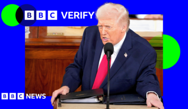 US President Donald Trump speaking while standing at the podium during his State of the Union address to Congress
