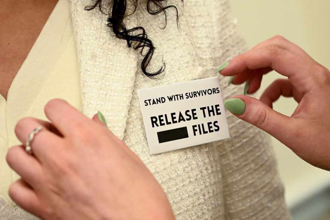 A woman wears a "Release The Files" pin at a press event with survivors of convicted sex offender Jeffrey Epstein, held by the Democratic Women's Caucus in advance of President Donald Trump's State of the Union address on Capitol Hill in Washington DC on February 24, 2026.
