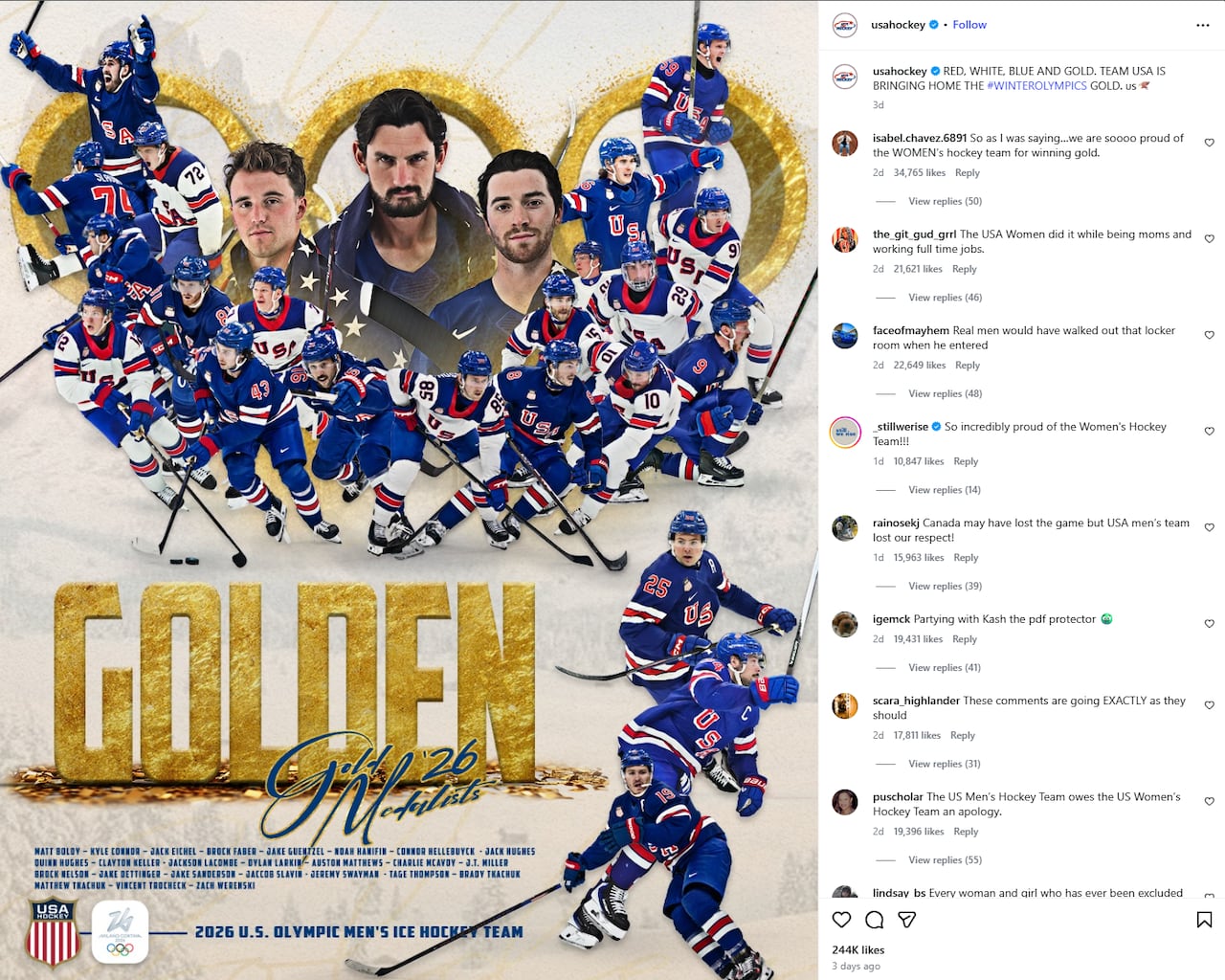 A screen grab of an Instagram post that says "Golden" and shows a bunch of hockey players.