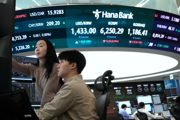 Currency traders watch monitors near a screen showing the Korea Composite Stock Price Index (KOSPI), top center, and the foreign exchange rate between U.S. dollar and South Korean won, top center left, at the foreign exchange dealing room of the Hana Bank headquarters, in Seoul, South Korea, Friday, Feb. 27, 2026. (AP Photo/Ahn Young-joon)