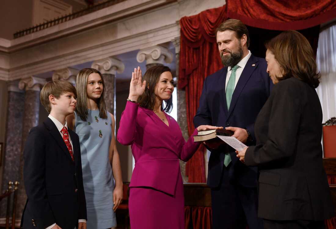 Vice President Kamala Harris swears in Katie Britt for the 118th Congress on Jan. 3, 2023. At 40 years old, Britt became the youngest Republican woman elected to the Senate.