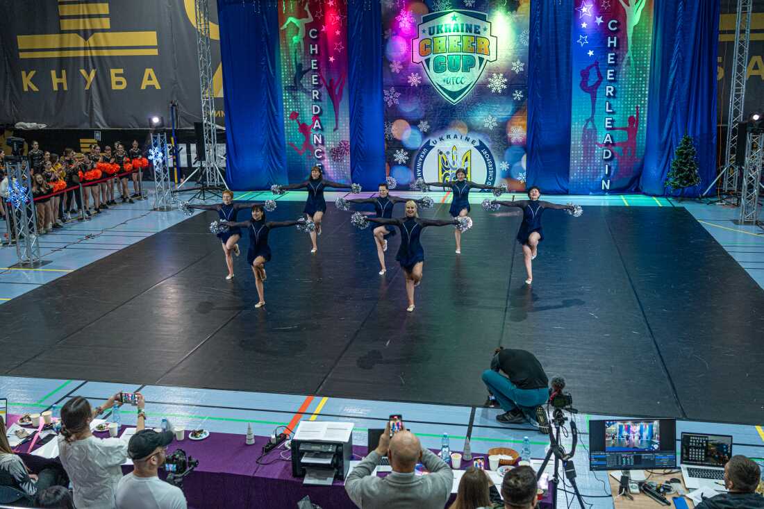 The Sunrise cheerleading team performs at Kyiv's Ukraine Cheer Cup competition on Dec. 13, 2025.